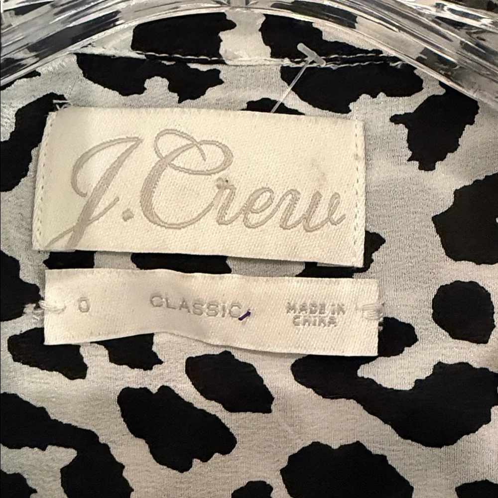 J. Crew Black and White Silk Animal Print Button Down Tie Neck Preppy Top